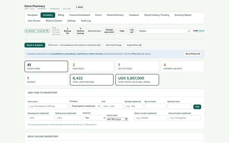 Batch numbers, expiry dates and prices for every item.