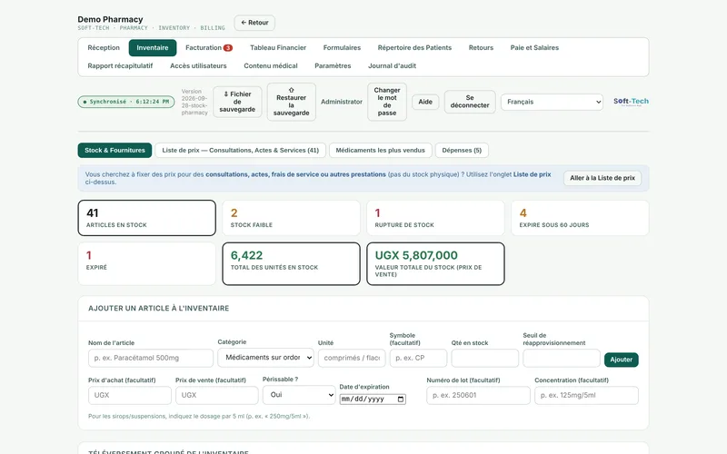 Numéros de lot, dates de péremption et prix pour chaque article.