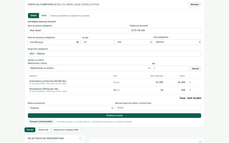 Ventes rapides au comptoir avec contrôle du stock en direct.